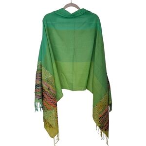 Italian Thin Wool Shawl Stole Wrap Pashmina Green & Colourful Detail